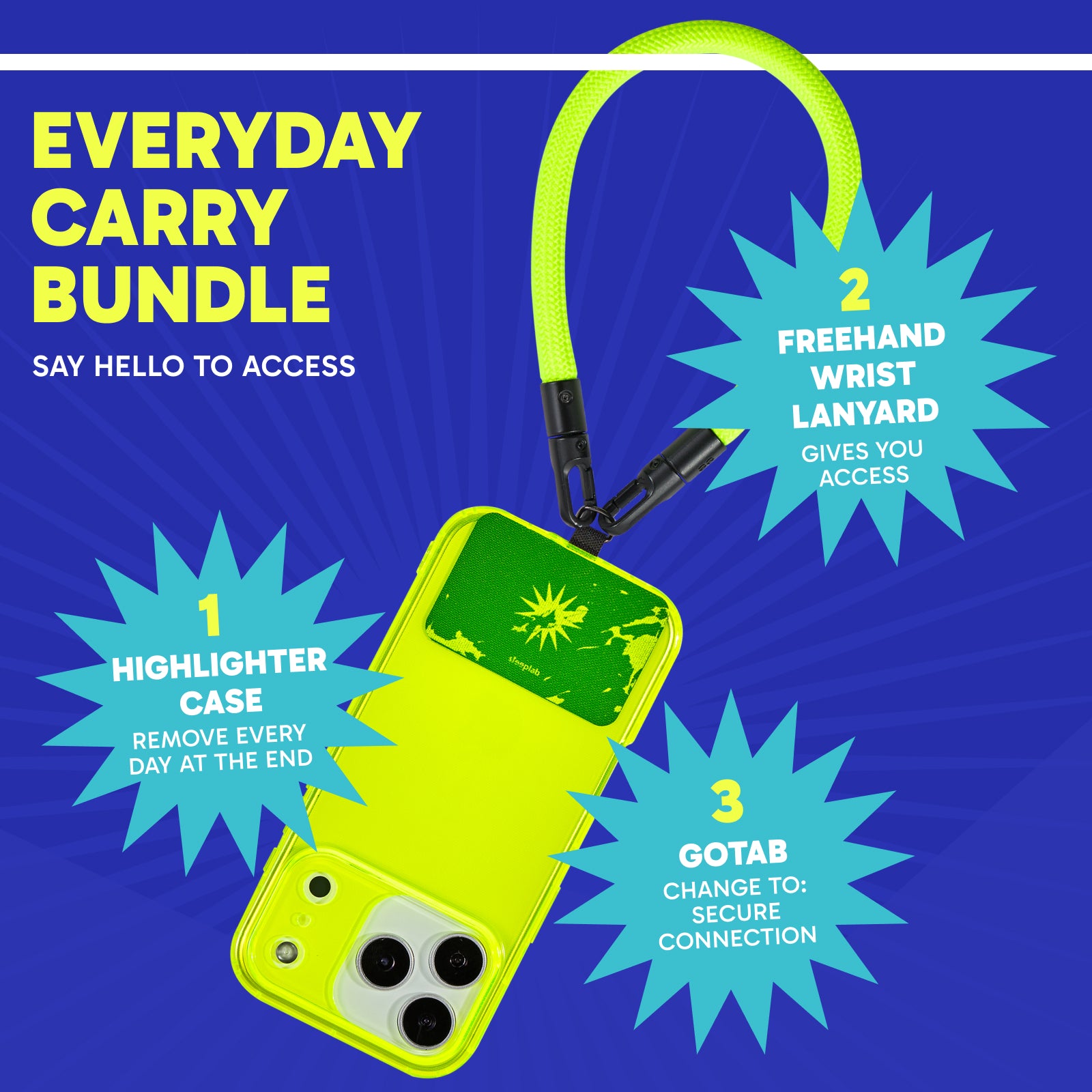 Neon Noise Highlighter Case + Freehand Wrist Lanyard Bundle - Hands-Free Carry