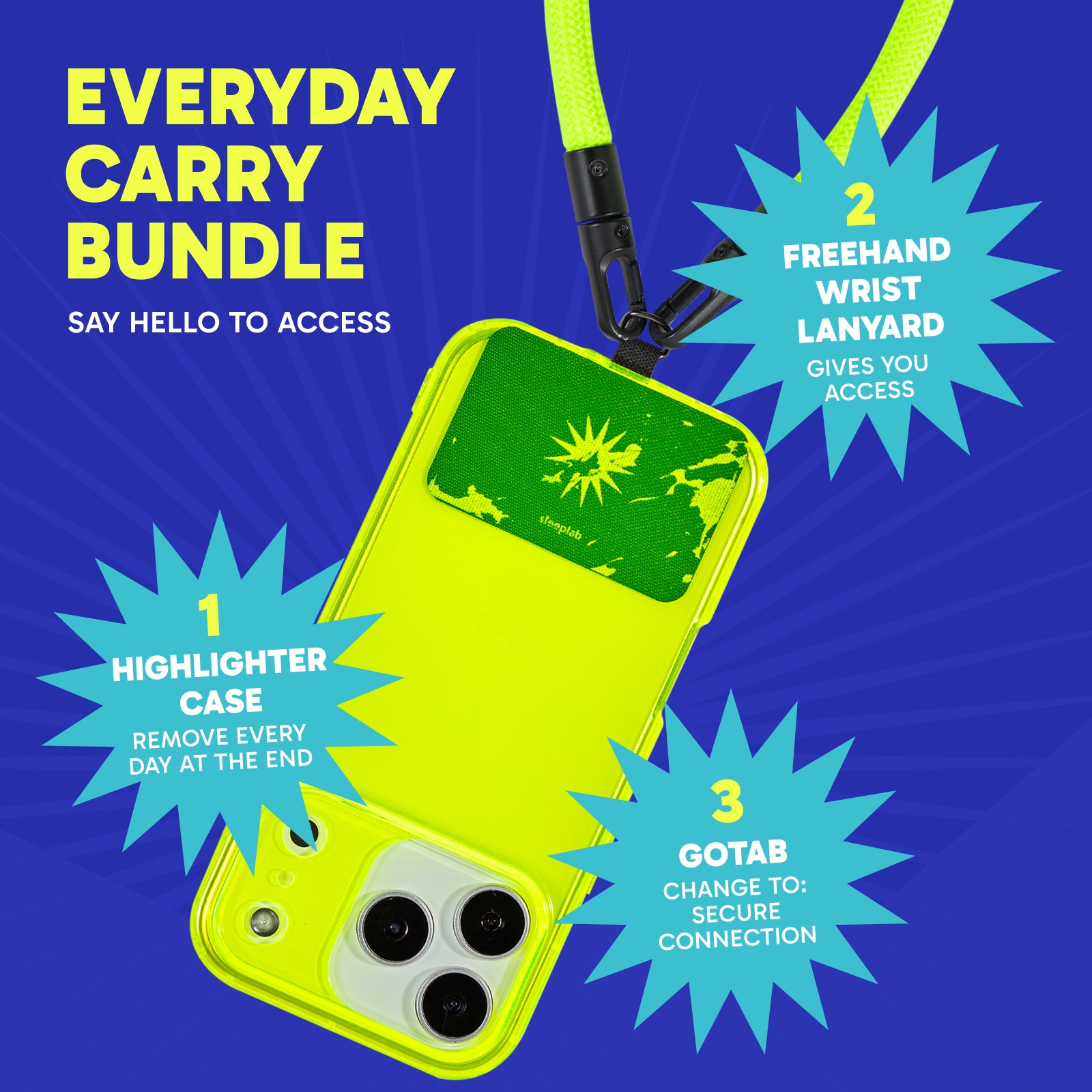 SteepLab Neon Noise Highlighter Case + Freehand Crossbody Lanyard Bundle