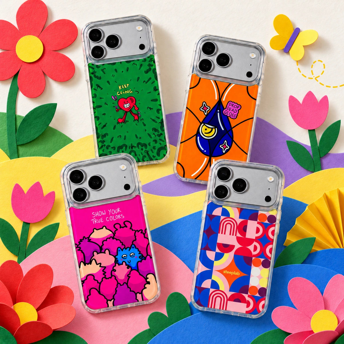 Wild Heart, Gloss Drop, True Colors and Color Play Freehand Cases in a colorful garden of flat layered paper, flowers and a butterfly.